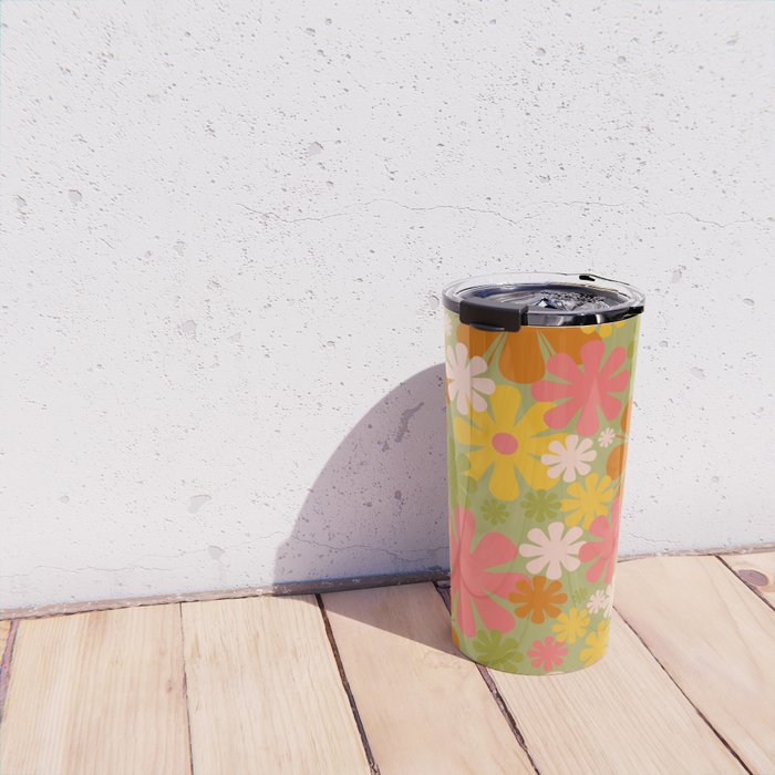 Retro 60s 70s Aesthetic Floral Pattern in Green Pink Yellow Orange Travel Mug Gallery Image 4