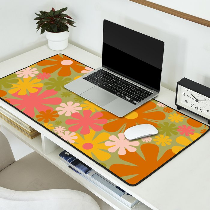 Retro 60s 70s Aesthetic Floral Pattern in Green Pink Yellow Orange Desk Mat Gallery Image 2