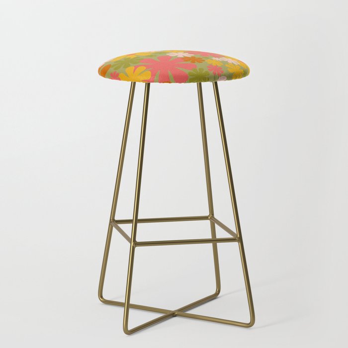 Retro 60s 70s Aesthetic Floral Pattern in Green Pink Yellow Orange Stool Gallery Image 2