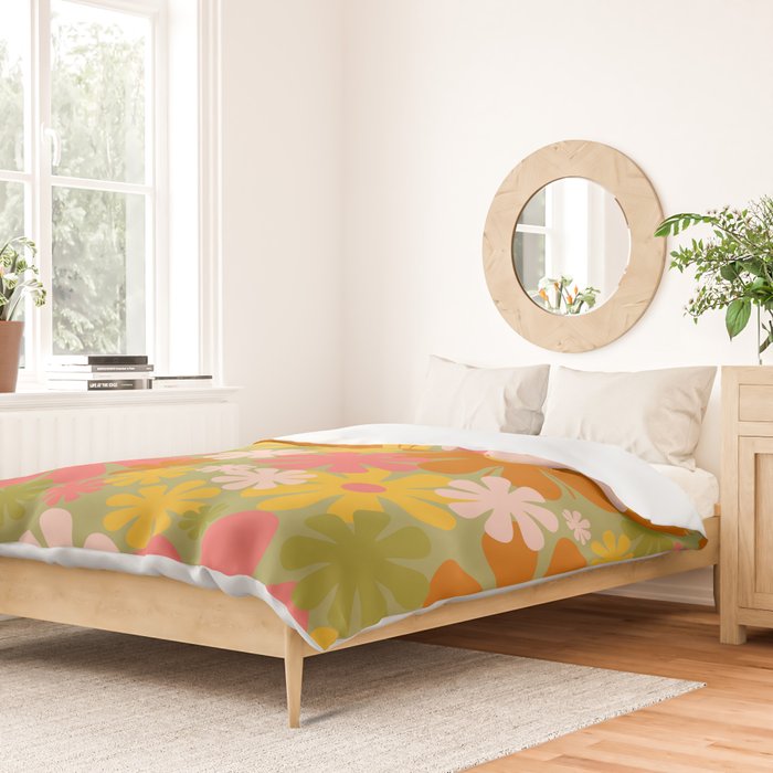Retro 60s 70s Aesthetic Floral Pattern in Green Pink Yellow Orange Duvet Cover Gallery Image 2