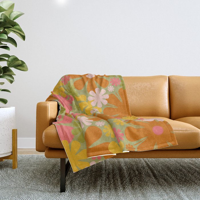 Retro 60s 70s Aesthetic Floral Pattern in Green Pink Yellow Orange Throw Blanket Gallery Image 1