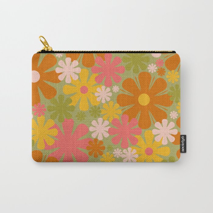 Retro 60s 70s Aesthetic Floral Pattern in Green Pink Yellow Orange Carry All Pouch Gallery Image 1