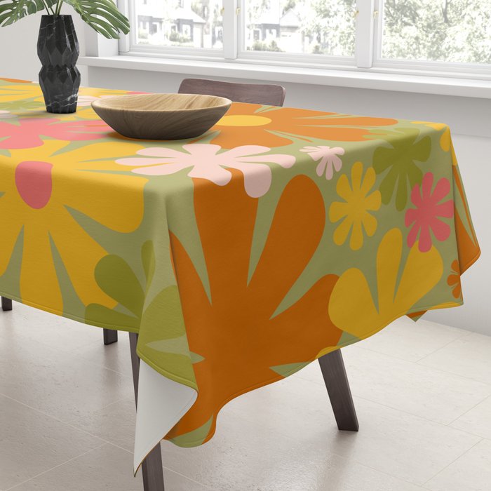 Retro 60s 70s Aesthetic Floral Pattern in Green Pink Yellow Orange Tablecloth Gallery Image 3