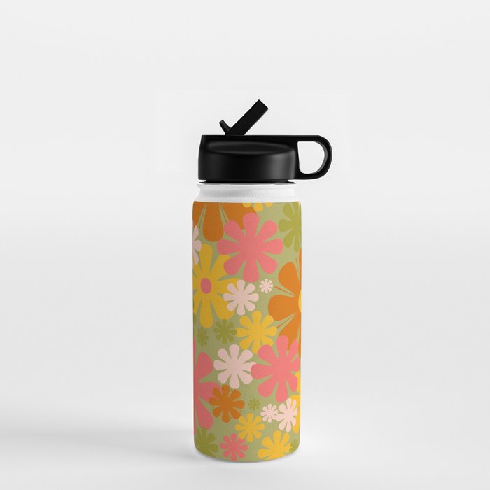 Retro 60s 70s Aesthetic Floral Pattern in Green Pink Yellow Orange Water Bottle Gallery Image 1