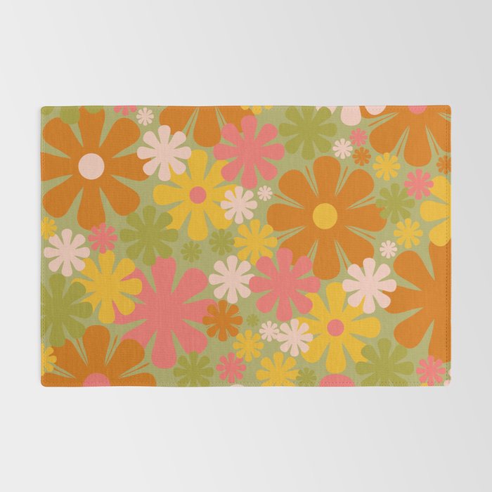 Retro 60s 70s Aesthetic Floral Pattern in Green Pink Yellow Orange Rug Gallery Image 2