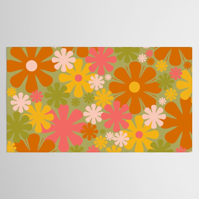 Retro 60s 70s Aesthetic Floral Pattern in Green Pink Yellow Orange Tablecloth Gallery Image 2