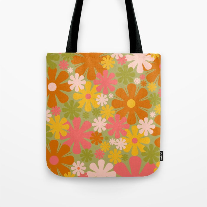 Retro 60s 70s Aesthetic Floral Pattern in Green Pink Yellow Orange Tote Bag Gallery Image 1