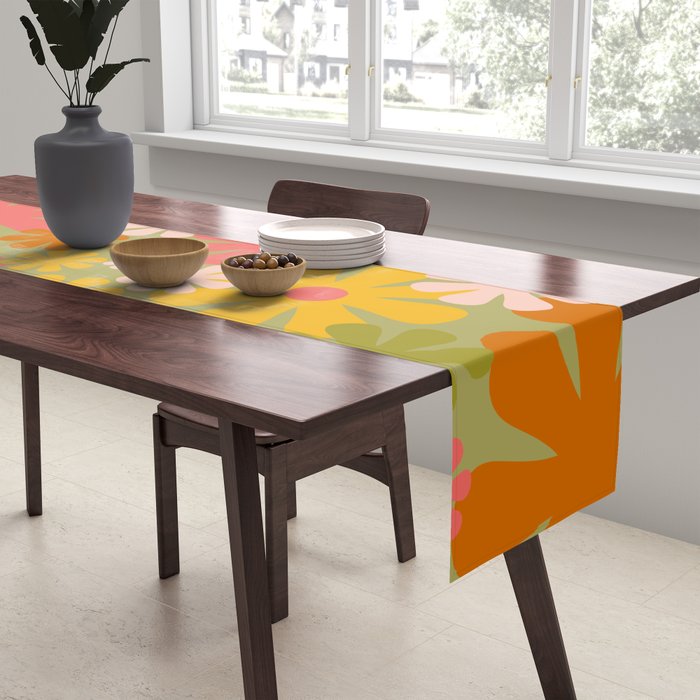 Retro 60s 70s Aesthetic Floral Pattern in Green Pink Yellow Orange Table Runner Gallery Image 2