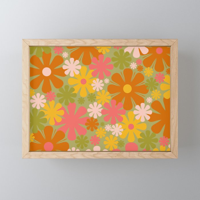 Retro 60s 70s Aesthetic Floral Pattern in Green Pink Yellow Orange Mini Art Print Gallery Image 1