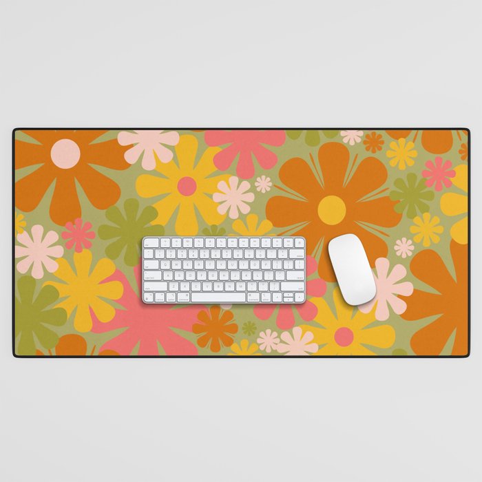 Retro 60s 70s Aesthetic Floral Pattern in Green Pink Yellow Orange Desk Mat Gallery Image 1