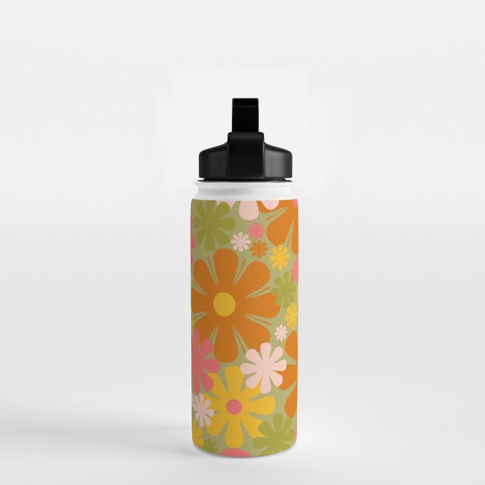 Retro 60s 70s Aesthetic Floral Pattern in Green Pink Yellow Orange Water Bottle Gallery Image 2