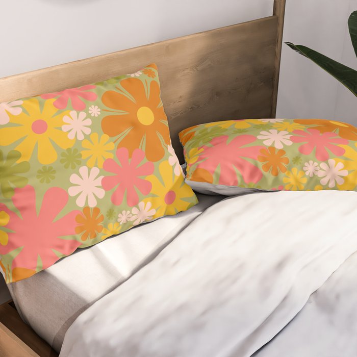 Retro 60s 70s Aesthetic Floral Pattern in Green Pink Yellow Orange Pillow Sham Gallery Image 2