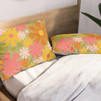 Retro 60s 70s Aesthetic Floral Pattern in Green Pink Yellow Orange Pillow Sham Gallery Image 2