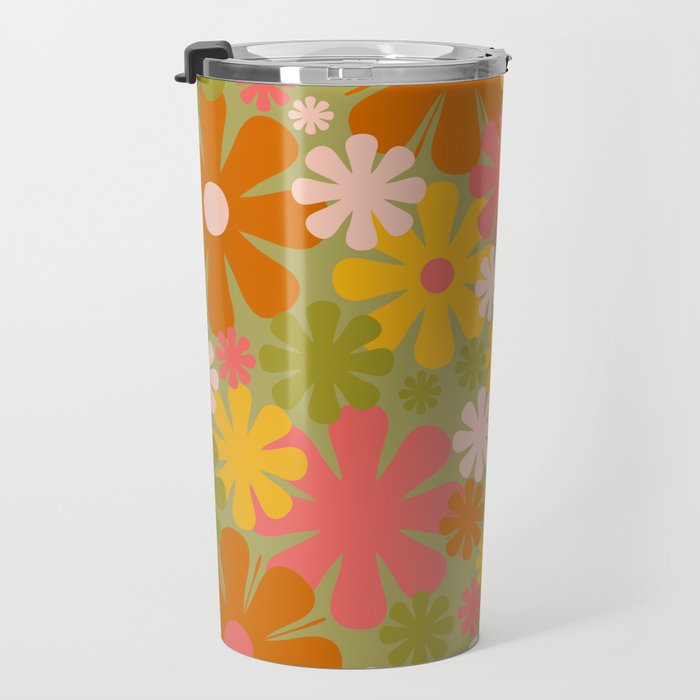 Retro 60s 70s Aesthetic Floral Pattern in Green Pink Yellow Orange Travel Mug Gallery Image 3