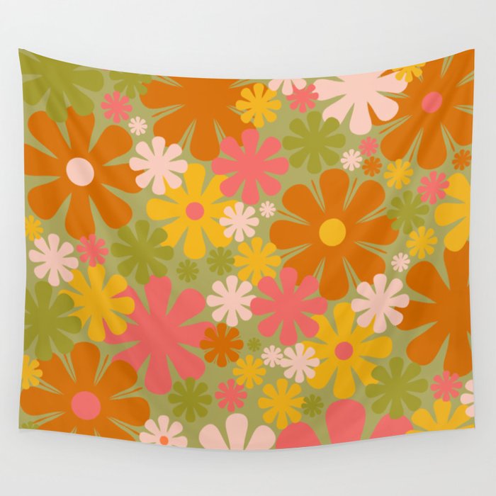 Retro 60s 70s Aesthetic Floral Pattern in Green Pink Yellow Orange Wall Tapestry Gallery Image 4