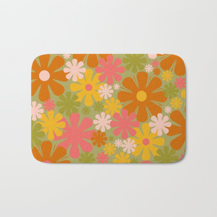 Retro 60s 70s Aesthetic Floral Pattern in Green Pink Yellow Orange Bath Mat Gallery Image 1