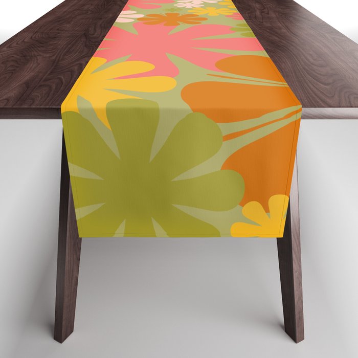 Retro 60s 70s Aesthetic Floral Pattern in Green Pink Yellow Orange Table Runner Gallery Image 1