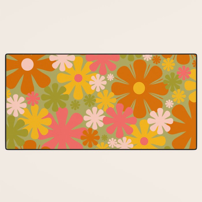 Retro 60s 70s Aesthetic Floral Pattern in Green Pink Yellow Orange Desk Mat Gallery Image 3