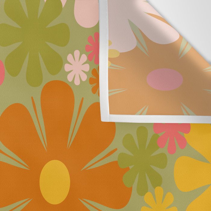 Retro 60s 70s Aesthetic Floral Pattern in Green Pink Yellow Orange Wall Tapestry Gallery Image 3