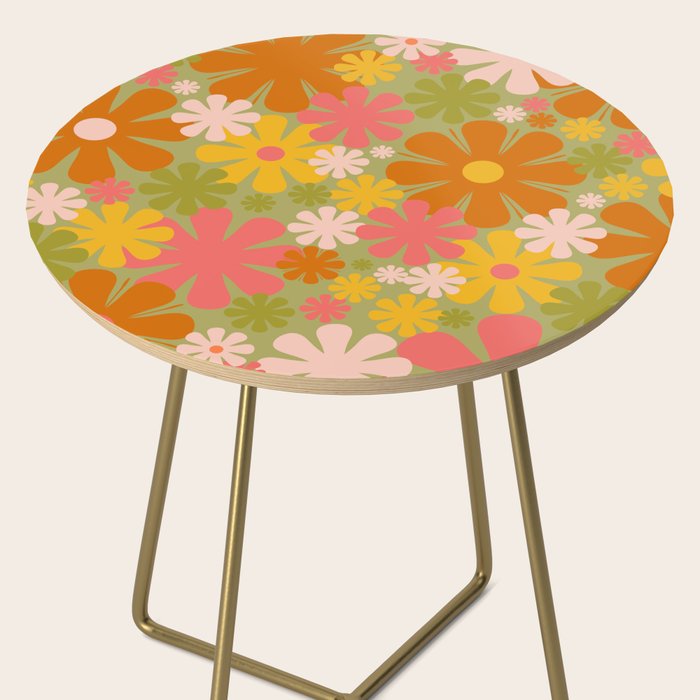 Retro 60s 70s Aesthetic Floral Pattern in Green Pink Yellow Orange Side Table Gallery Image 2