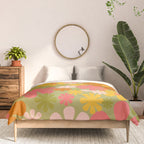 Retro 60s 70s Aesthetic Floral Pattern in Green Pink Yellow Orange Comforter Gallery Image 3