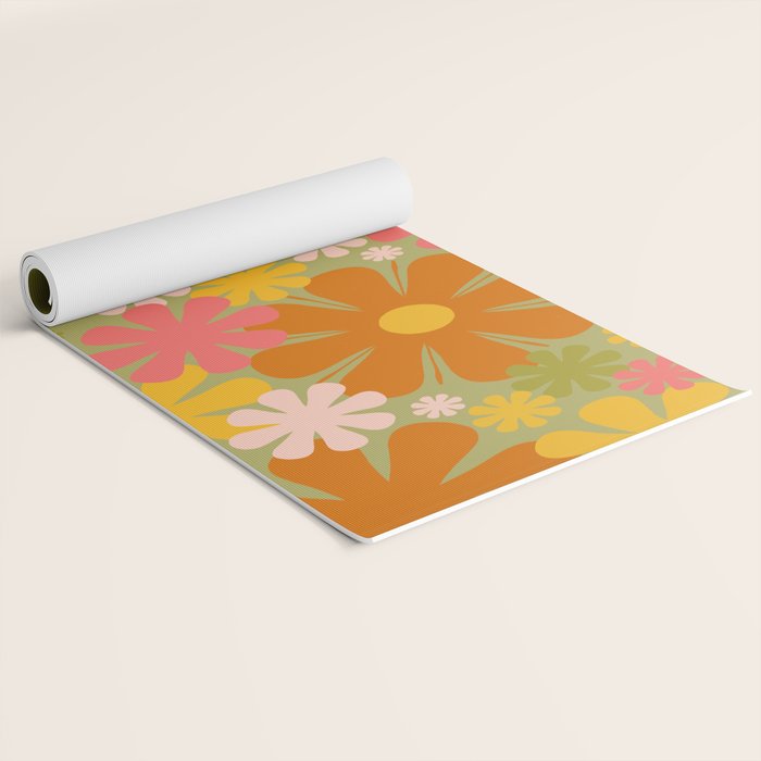 Retro 60s 70s Aesthetic Floral Pattern in Green Pink Yellow Orange Yoga Mat Gallery Image 2