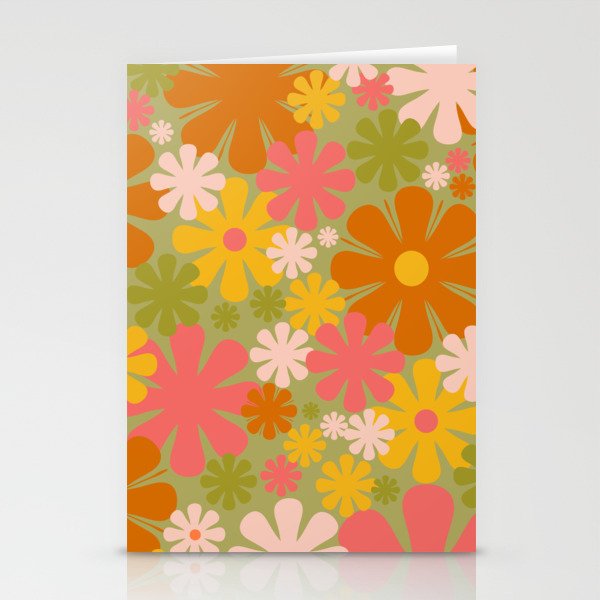 Retro 60s 70s Aesthetic Floral Pattern in Green Pink Yellow Orange Stationery Card Gallery Image 1