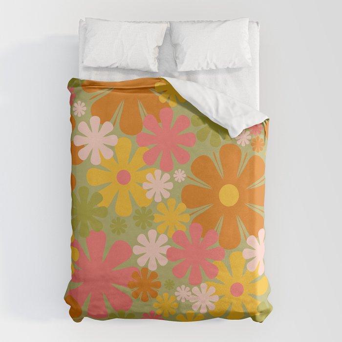 Retro 60s 70s Aesthetic Floral Pattern in Green Pink Yellow Orange Duvet Cover Gallery Image 6