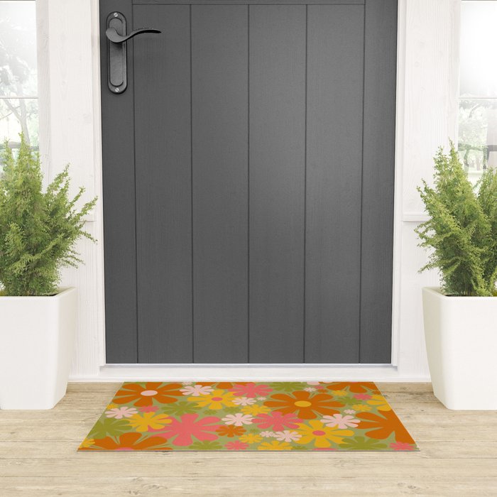 Retro 60s 70s Aesthetic Floral Pattern in Green Pink Yellow Orange Welcome Mat Gallery Image 3