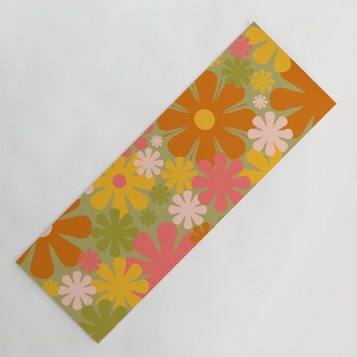 Retro 60s 70s Aesthetic Floral Pattern in Green Pink Yellow Orange Yoga Mat Gallery Image 1