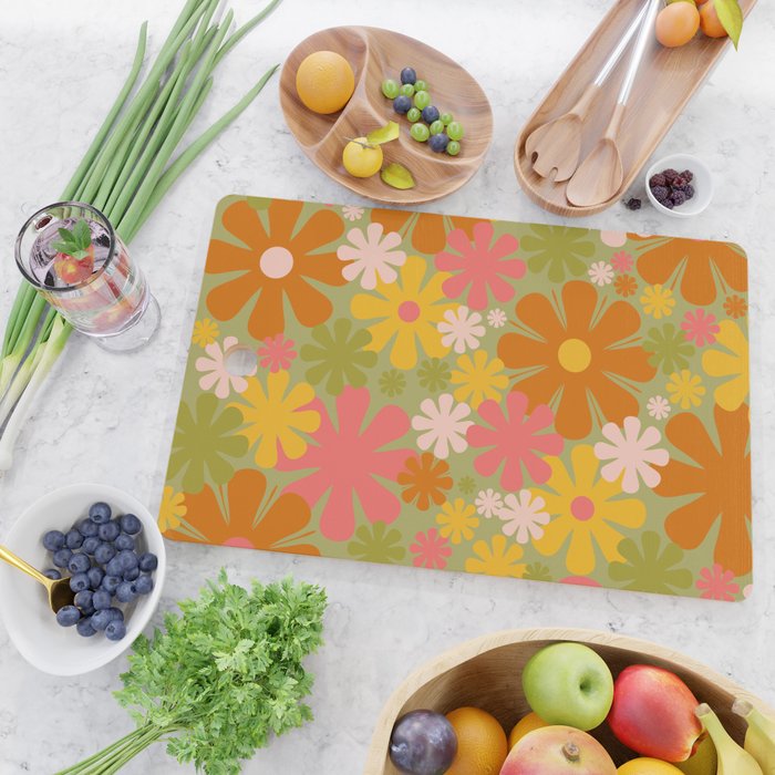Retro 60s 70s Aesthetic Floral Pattern in Green Pink Yellow Orange Cutting Board Gallery Image 2