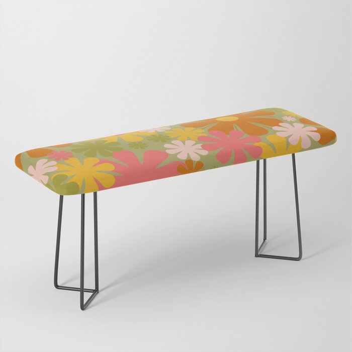Retro 60s 70s Aesthetic Floral Pattern in Green Pink Yellow Orange Bench Gallery Image 1