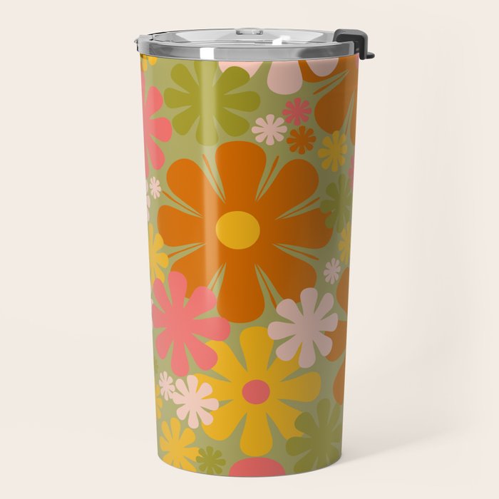 Retro 60s 70s Aesthetic Floral Pattern in Green Pink Yellow Orange Travel Mug Gallery Image 2