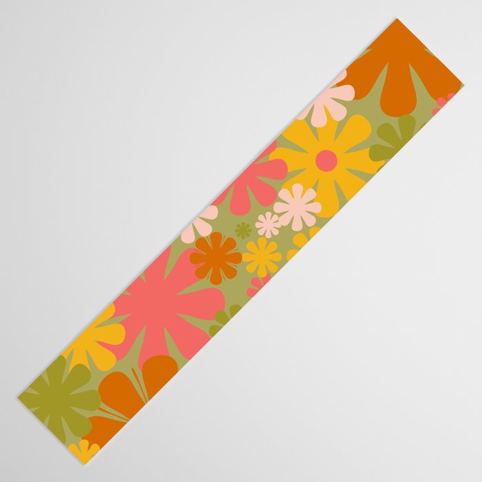Retro 60s 70s Aesthetic Floral Pattern in Green Pink Yellow Orange Table Runner Gallery Image 3