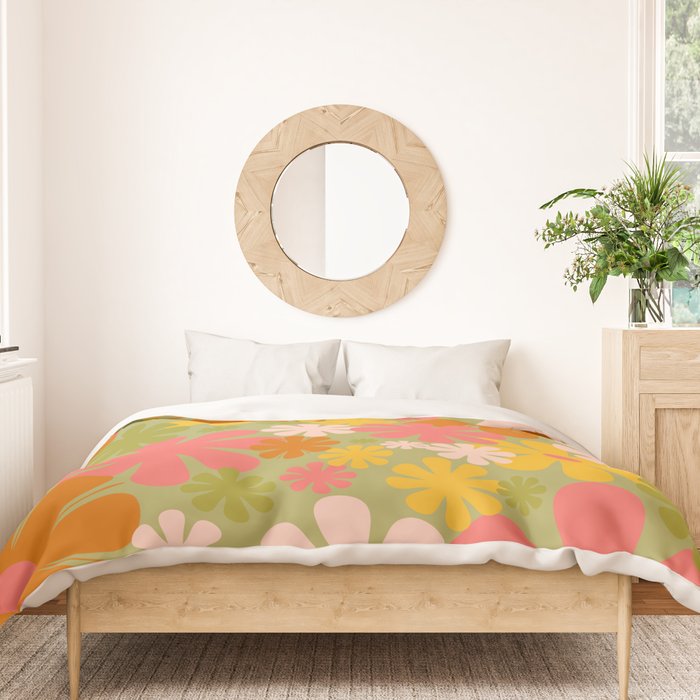Retro 60s 70s Aesthetic Floral Pattern in Green Pink Yellow Orange Duvet Cover Gallery Image 3