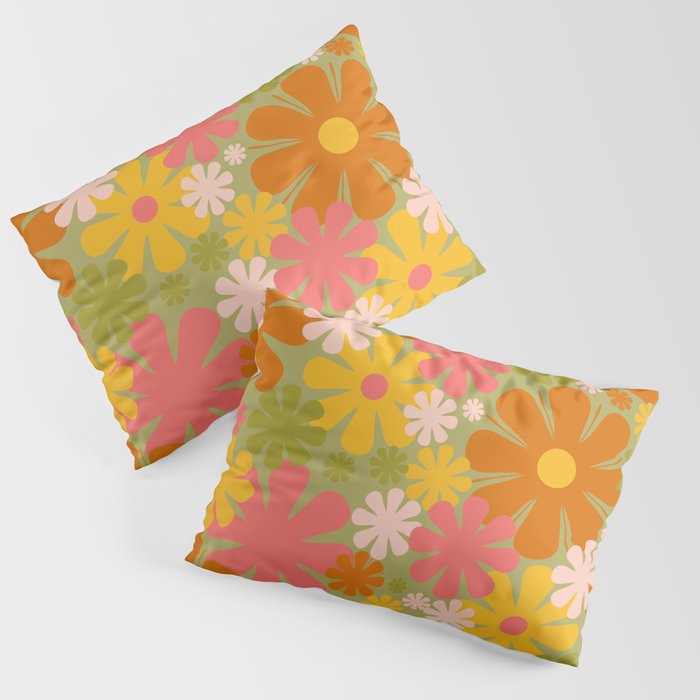 Retro 60s 70s Aesthetic Floral Pattern in Green Pink Yellow Orange Pillow Sham Gallery Image 3