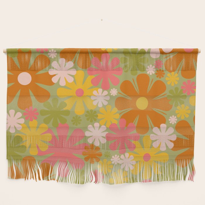 Retro 60s 70s Aesthetic Floral Pattern in Green Pink Yellow Orange Wall Hanging Gallery Image 1