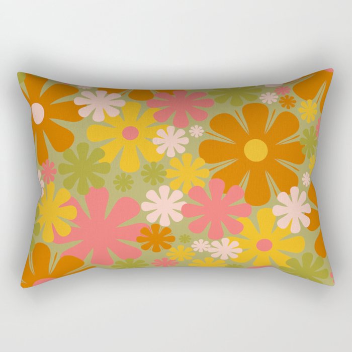 Retro 60s 70s Aesthetic Floral Pattern in Green Pink Yellow Orange Rectangular Pillow Gallery Image 2