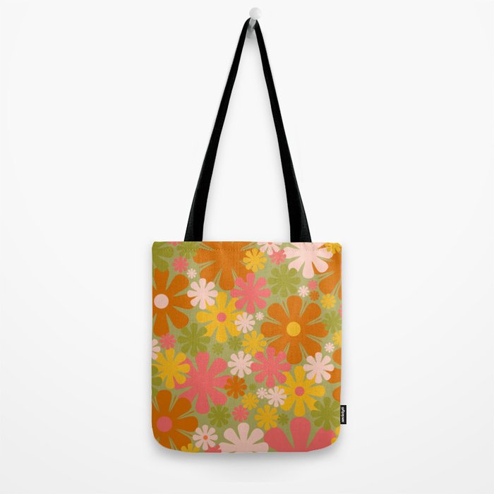 Retro 60s 70s Aesthetic Floral Pattern in Green Pink Yellow Orange Tote Bag Gallery Image 2