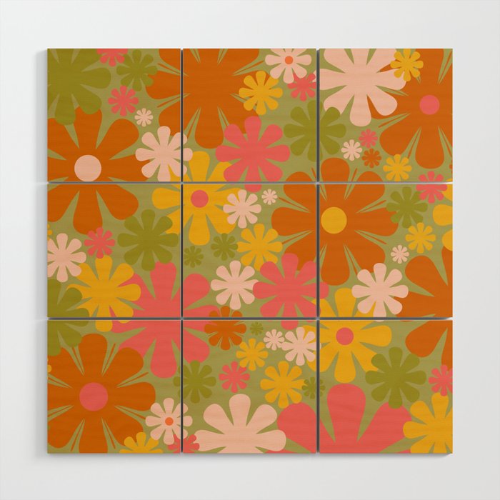 Retro 60s 70s Aesthetic Floral Pattern in Green Pink Yellow Orange Wood Wall Art Gallery Image 1