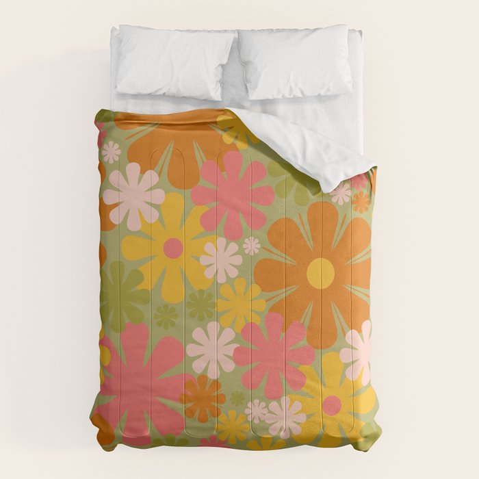 Retro 60s 70s Aesthetic Floral Pattern in Green Pink Yellow Orange Comforter Gallery Image 1