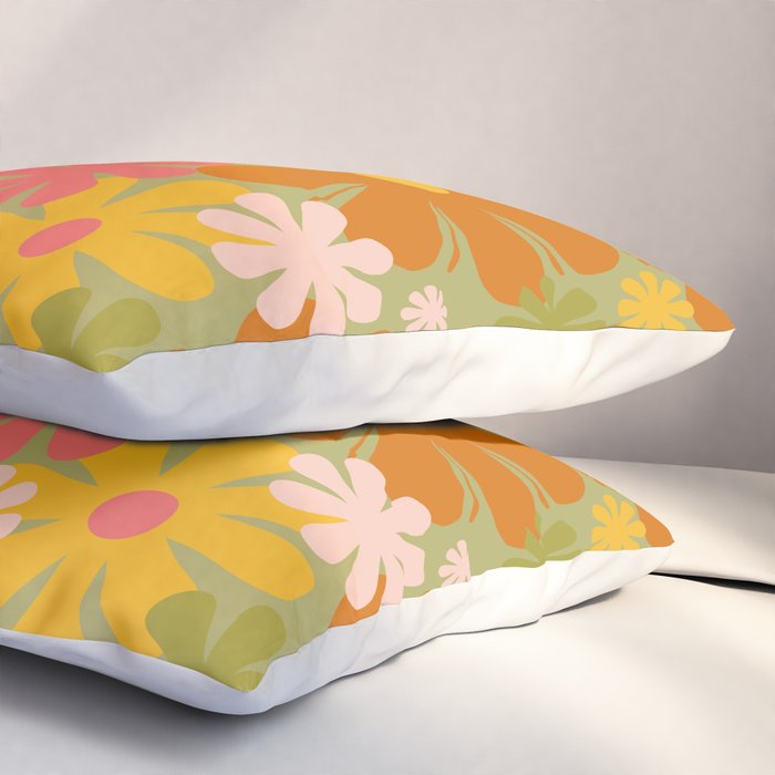 Retro 60s 70s Aesthetic Floral Pattern in Green Pink Yellow Orange Pillow Sham Gallery Image 3