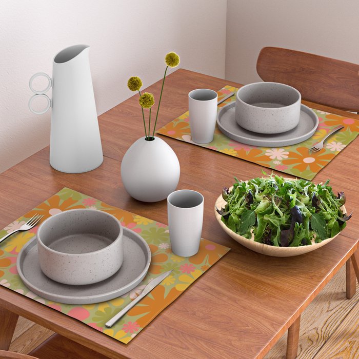 Retro 60s 70s Aesthetic Floral Pattern in Green Pink Yellow Orange Placemat Gallery Image 2