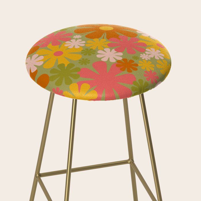 Retro 60s 70s Aesthetic Floral Pattern in Green Pink Yellow Orange Stool Gallery Image 2