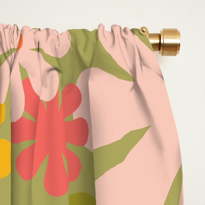 Retro 60s 70s Aesthetic Floral Pattern in Green Pink Yellow Orange Window Curtain Gallery Image 2