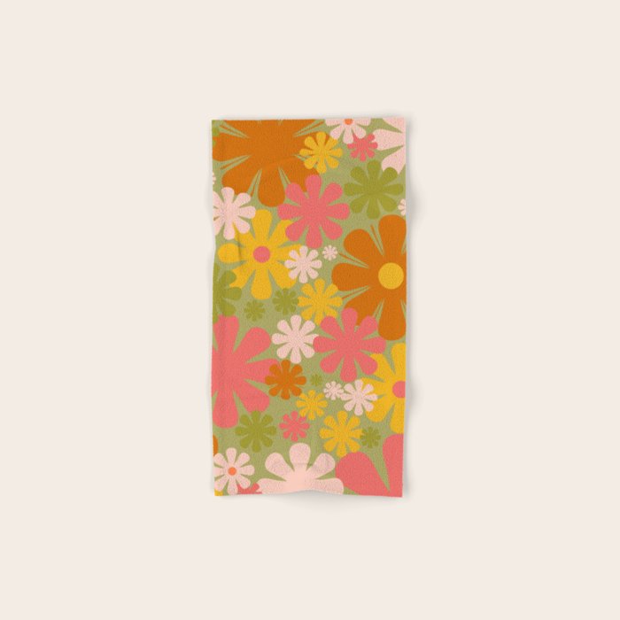 Retro 60s 70s Aesthetic Floral Pattern in Green Pink Yellow Orange Bath Towel Gallery Image 1