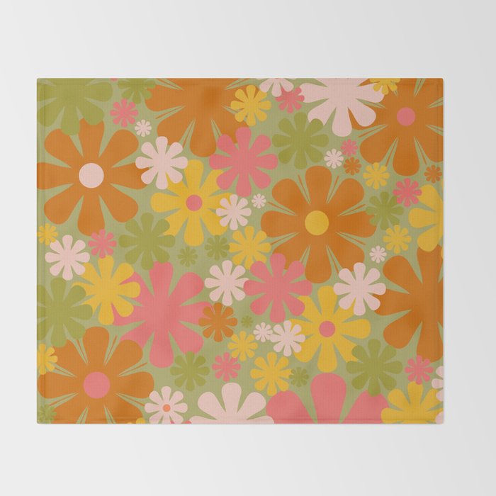 Retro 60s 70s Aesthetic Floral Pattern in Green Pink Yellow Orange Throw Blanket Gallery Image 2