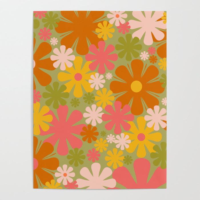 Retro 60s 70s Aesthetic Floral Pattern in Green Pink Yellow Orange Poster Gallery Image 4