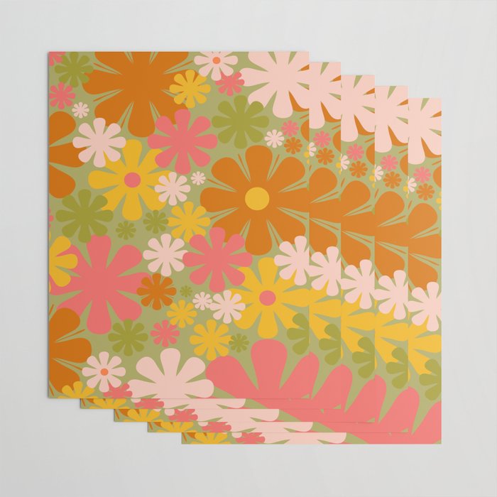 Retro 60s 70s Aesthetic Floral Pattern in Green Pink Yellow Orange Wrapping Paper Gallery Image 3