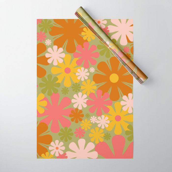 Retro 60s 70s Aesthetic Floral Pattern in Green Pink Yellow Orange Wrapping Paper Gallery Image 1